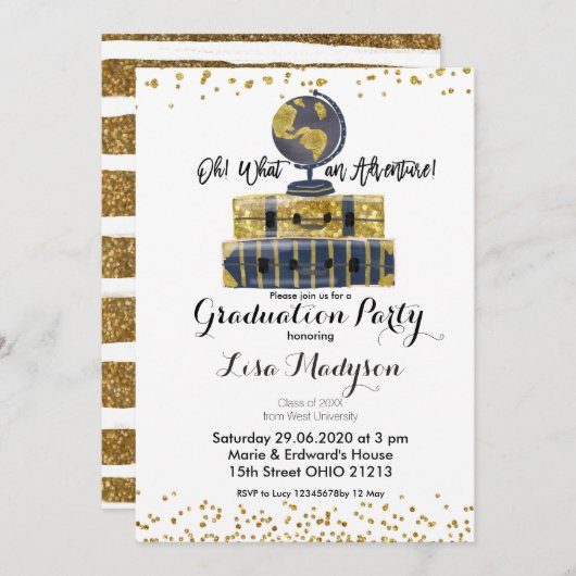 Gold Globe Adventure Graduation Party Einladung Ka (Vorne/Hinten)