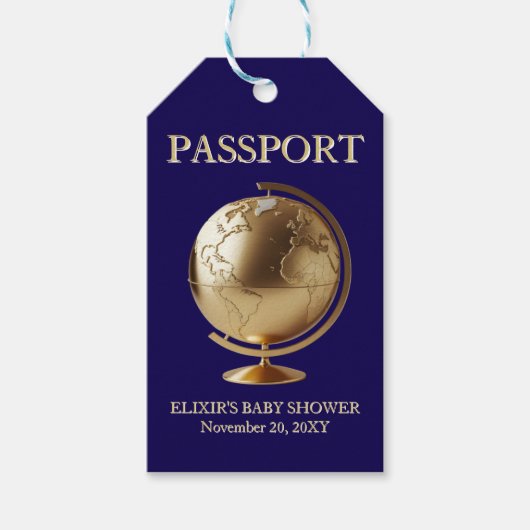 Gold Globe Passport Travel Baby Shower Geschenkanhänger (Vorderseite)