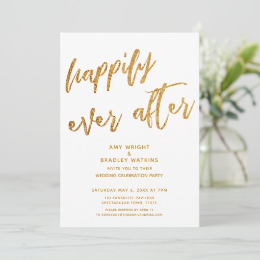 Gold glücklich immer nach weißer Hochzeit Empfang Einladung (Stehend Vorderseite)