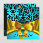 GOLD GOLD RIBBON AQUAMARIN AQUA BLUE BLACK DAMASK EINLADUNG (Vorne/Hinten)