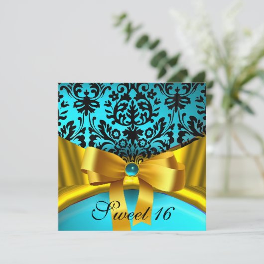 GOLD GOLD RIBBON AQUAMARIN AQUA BLUE BLACK DAMASK EINLADUNG (Stehend Vorderseite)