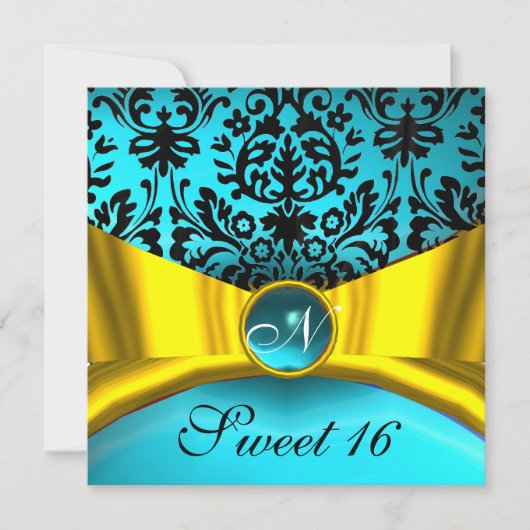 GOLD GOLD RIBBON AQUAMARIN BLUE BLACK DAMASK MONOG EINLADUNG (Vorderseite)