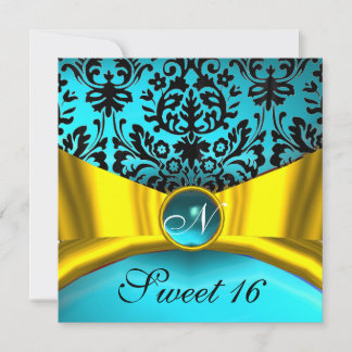 GOLD GOLD RIBBON AQUAMARIN BLUE BLACK DAMASK MONOG EINLADUNG