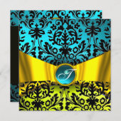 GOLD GOLD RIBBON AQUAMARIN BLUE BLACK DAMASK MONOG EINLADUNG (Vorne/Hinten)