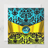 GOLD GOLD RIBBON AQUAMARIN BLUE BLACK DAMASK MONOG EINLADUNG (Vorderseite)
