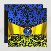 GOLD GOLD RIBBON BLUE BLACK DAMASK MONOGRAMM EINLADUNG (Vorne/Hinten)
