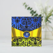 GOLD GOLD RIBBON BLUE BLACK DAMASK MONOGRAMM EINLADUNG (Stehend Vorderseite)