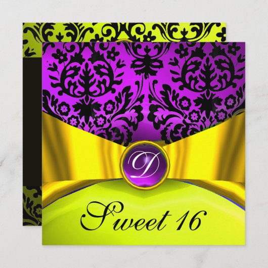GOLD GOLD RIBBON LILA SCHWARZ-DAMASK-MONOGRAMM EINLADUNG (Vorne/Hinten)