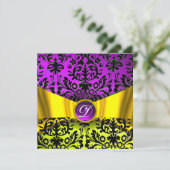 GOLD GOLD RIBBON LILA SCHWARZ-DAMASK-MONOGRAMM EINLADUNG (Stehend Vorderseite)