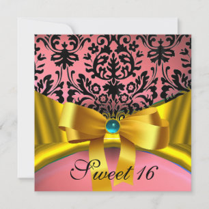 GOLD GOLD RIBBON PINK BLACK DAMASK EINLADUNG