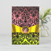 GOLD GOLD RIBBON PINK BLACK DAMASK MONOGRAMM EINLADUNG (Stehend Vorderseite)