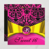 GOLD GOLD RIBBON PINK BLACK DAMASK MONOGRAMM EINLADUNG (Vorne/Hinten)