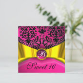GOLD GOLD RIBBON PINK BLACK DAMASK MONOGRAMM EINLADUNG (Stehend Vorderseite)