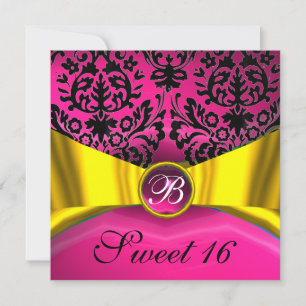 GOLD GOLD RIBBON PINK BLACK DAMASK MONOGRAMM EINLADUNG