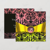 GOLD GOLD RIBBON PINK BLACK DAMASK MONOGRAMM EINLADUNG (Vorne/Hinten)