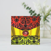GOLD GOLD RIBBON RED BLACK DAMASK MONOGRAMM EINLADUNG (Stehend Vorderseite)
