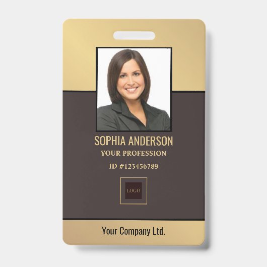 Gold Golden Custom Employee Foto, Bar Code, Logo  Ausweis (Vorderseite)