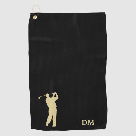 Gold Golfer Monogram auf schwarz Golfhandtuch (Vorderseite)