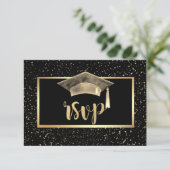 Gold Grad Cap, Confetti Graduation Party RSVP Karte (Stehend Vorderseite)