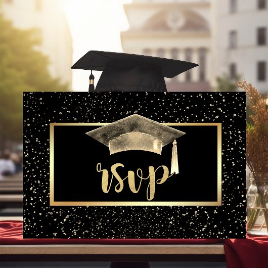 Gold Grad Cap, Confetti Graduation Party RSVP Karte