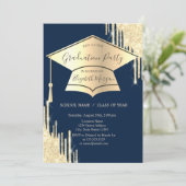 Gold Grad Cap, Glitzer Tropfen Navy Blue Abschluss Einladung (Stehend Vorderseite)