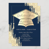 Gold Grad Cap, Glitzer Tropfen Navy Blue Abschluss Einladung (Vorne/Hinten)