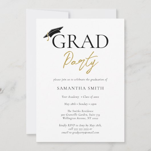 Gold Grad Cap Moderne Kalligraphie Graduation Part Einladung (Vorderseite)