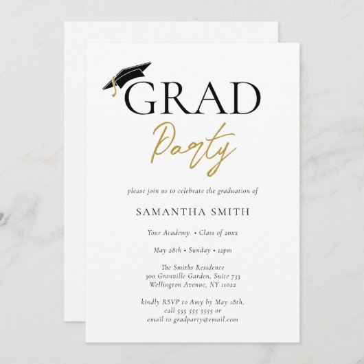 Gold Grad Cap Moderne Kalligraphie Graduation Part Einladung (Vorne/Hinten)