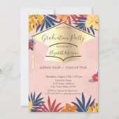 Gold Grad Cap, Palm Blätter Blume Abschluss Einladung (Vorderseite)
