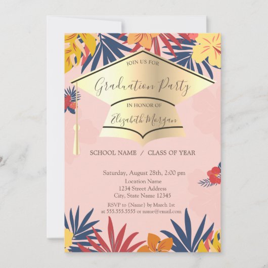 Gold Grad Cap, Palm Blätter Blume Abschluss Einladung (Vorderseite)