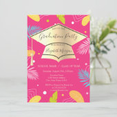 Gold Grad Cap Tropical Blätter Rosa Abschluss Einladung (Stehend Vorderseite)