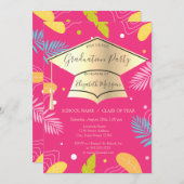 Gold Grad Cap Tropical Blätter Rosa Abschluss Einladung (Vorne/Hinten)