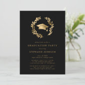 Gold Grad Cap Wreath Chic Black Graduation Party Einladung (Stehend Vorderseite)