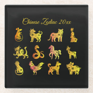 Gold Gradient Chinese Zodiac Animal Black Glasuntersetzer