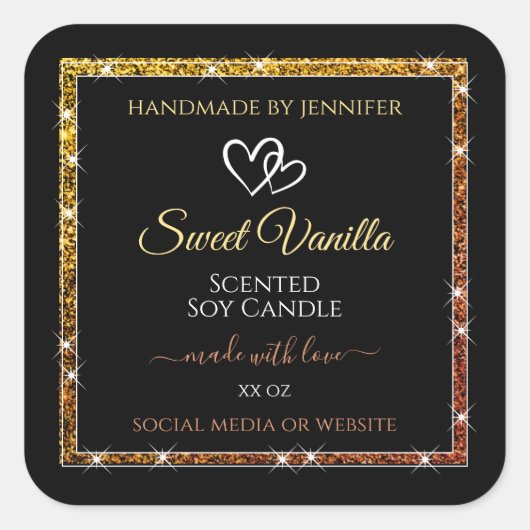 Gold Gradient Glitzer Frame Black Product Labels Quadratischer Aufkleber (Vorderseite)