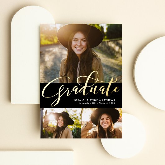 Gold Graduate 3 Foto schwarzer Abschluss Folieneinladung