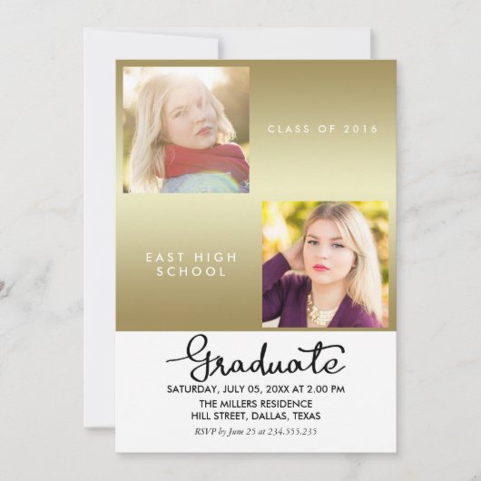 Gold Graduate Modern Zwei Fotos Einladung (Vorderseite)
