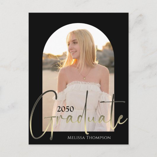 Gold Graduate Script Black Arch Zwei Foto QR Code Postkarte (Vorderseite)
