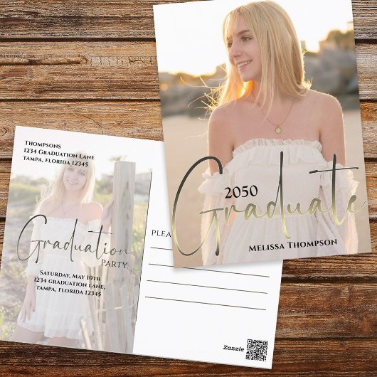 Gold Graduate Script Black Two Vellum Foto Budget Postkarte