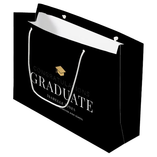 Gold Graduation Cap Black Abschluss Große Geschenktüte (Vorderseite Schrägansicht)