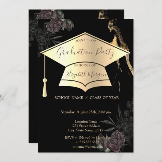 Gold Graduation Cap Black Rose Abschluss Einladung (Vorne/Hinten)