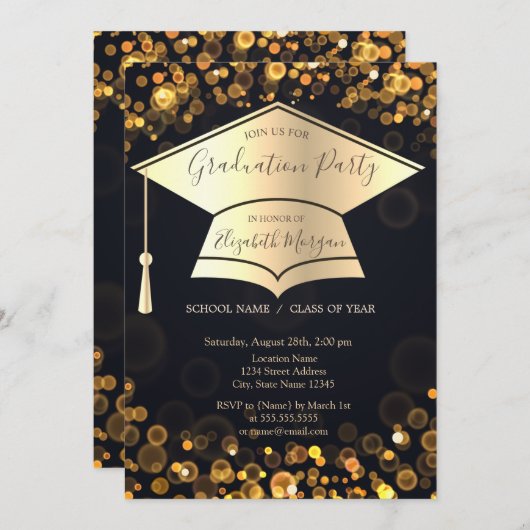 Gold Graduation Cap Bokeh Dark Abschluss Einladung (Vorne/Hinten)