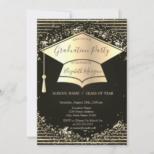 Gold Graduation Cap, Confetti Stripes Abschluss Einladung