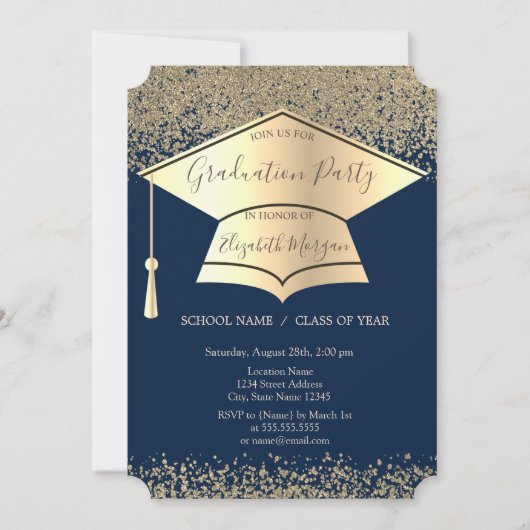 Gold Graduation Cap,Diamonds Navy Blue Abschluss Einladung (Vorderseite)