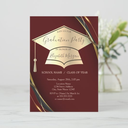 Gold Graduation Cap Frame Black Abschluss Einladung (Stehend Vorderseite)