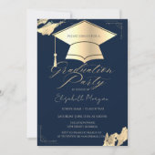 Gold Graduation Cap Frame Gold Brush Stroke Blue Einladung (Vorderseite)