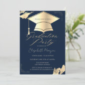 Gold Graduation Cap Frame Gold Brush Stroke Blue Einladung (Stehend Vorderseite)