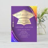 Gold Graduation Cap Frame Violet Abschluss Einladung (Stehend Vorderseite)
