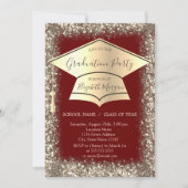 Gold Graduation Cap Glitzer Frame Red Abschluss Einladung (Vorderseite)