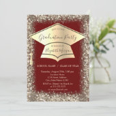 Gold Graduation Cap Glitzer Frame Red Abschluss Einladung (Stehend Vorderseite)